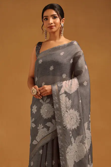 Grey Silk Blend Floral Embroidered Saree